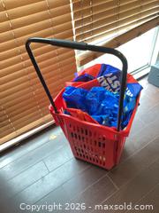 MaxSold Auction: Red Plastic Rolling Shopping Basket with Telescoping Handle - Coquitlam (British Columbia, Canada) SELLER MANAGED Reseller Online Auction - Robson Drive