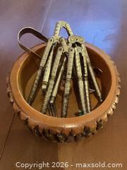 MaxSold Auction: Vintage Mid-Century Wooden Nut Bowl with Metal Picks & Tongs - Coquitlam (British Columbia, Canada) SELLER MANAGED Reseller Online Auction - Robson Drive