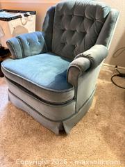 MaxSold Auction: Blue Mid-Century Tufted Velvet Armchair with Rolled Arms - Erie (Colorado, USA) SELLER MANAGED Moving Online Auction - Madison Drive