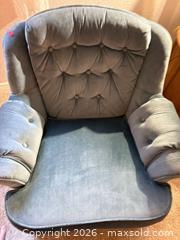 MaxSold Auction: Blue Mid-Century Tufted Velvet Armchair with Rolled Arms - Erie (Colorado, USA) SELLER MANAGED Moving Online Auction - Madison Drive