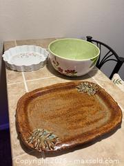 MaxSold Auction: Medium Stoneware Serving Platter with Speckled Glaze and Leaf Motif - Erie (Colorado, USA) SELLER MANAGED Moving Online Auction - Madison Drive