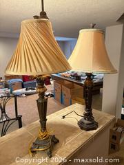 MaxSold Auction: Pair of Gold Metal & Resin Table Lamps with Fabric Shades - Erie (Colorado, USA) SELLER MANAGED Moving Online Auction - Madison Drive