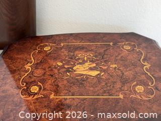 MaxSold Auction: Vintage Dark Brown Violin Burl Wood Inlay Lacquer Jewelry Box w/ Mirror - Daly City (California, USA) SELLER MANAGED Estate Sale Online Auction - Lake Vista Avenue
