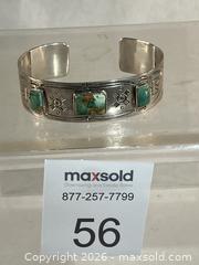 MaxSold Auction: Navajo "Fred Harvey" Era Sterling Silver Bracelet with 3 Green Turquoise Stones - Victoria (British Columbia, Canada) SELLER MANAGED Reseller Online Auction - Balfour Avenue                        
