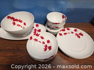 MaxSold Auction: NEW SPAL Porcelanas Porcelain Dinnerware Set, 'Fall' Red Leaf (17) - Calgary (Alberta, Canada) SELLER MANAGED Estate Sale Online Auction - 59 Avenue South East