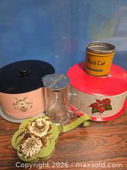 MaxSold Auction: Vintage Painted Metal Trivet, Glass Pitcher & Black Cat Tobacco Tin - Calgary (Alberta, Canada) SELLER MANAGED Estate Sale Online Auction - 59 Avenue South East