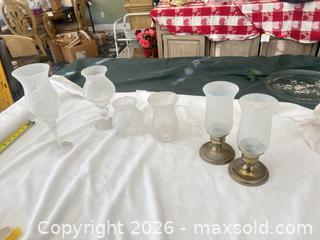 MaxSold Auction: Lot of 10 Frosted Glass Hurricane Lamp Shades with Brass Bases - Las Vegas (Nevada, USA) PARTNER MANAGED Estate Sale Online Auction - Argent Star Court