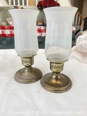 MaxSold Auction: Lot of 10 Frosted Glass Hurricane Lamp Shades with Brass Bases - Las Vegas (Nevada, USA) PARTNER MANAGED Estate Sale Online Auction - Argent Star Court
