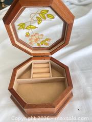 MaxSold Auction: Octagonal Wooden Jewelry Box with Glass Floral Lid - Las Vegas (Nevada, USA) PARTNER MANAGED Estate Sale Online Auction - Argent Star Court