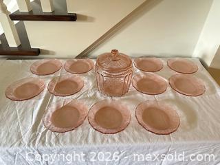 MaxSold Auction: Pink Depression Glass Salad/Dessert Plates & Candy Jar  - Toronto (Ontario, Canada) SELLER MANAGED Downsizing Online Auction - The Kingsway