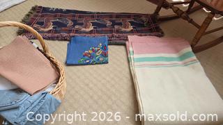 MaxSold Auction: Lot: Kenwood (Ramcrest) Wool Blanket & Assorted Linens, Wicker Basket A - Deep River (Ontario, Canada) PARTNER MANAGED Downsizing Online Auction - Frontenac Crescent