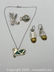 MaxSold Auction: Vintage Silver 925 Jewelry lot, Cat Necklace & Brooch, Fish Earrings & Brooch - Coquitlam (British Columbia, Canada) SELLER MANAGED Downsizing Online Auction - Delestre Avenue