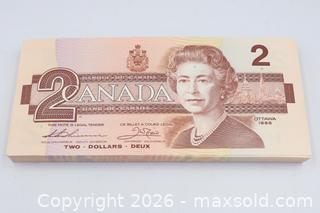 MaxSold Auction: Lot of 100 - Canada 2 Dollar Banknotes 1986, Consecutive Serials - Vaughan (Ontario, Canada) PARTNER MANAGED Reseller Online Auction - Steeles Avenue West Suite