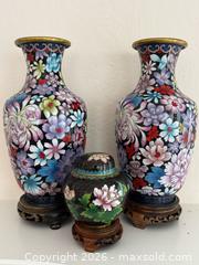 MaxSold Auction: Chinese-style Cloisonné Floral Pair of Vases with Lidded Jar - Pleasant Hill (California, USA) PARTNER MANAGED Blackhawk Estate Sale Online Auction - Contra Costa Boulevard