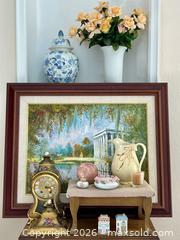 MaxSold Auction: Lot: Framed Landscape Painting, Mantel Clock, Needlepoint stool, Vases & Accessories - Pleasant Hill (California, USA) PARTNER MANAGED Blackhawk Estate Sale Online Auction - Contra Costa Boulevard