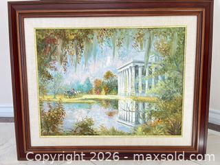 MaxSold Auction: Lot: Framed Landscape Painting, Mantel Clock, Needlepoint stool, Vases & Accessories - Pleasant Hill (California, USA) PARTNER MANAGED Blackhawk Estate Sale Online Auction - Contra Costa Boulevard