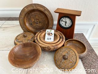 MaxSold Auction: Lot of 8 Vintage Wooden Decorative Bowls, Boxes & Clock - Pleasant Hill (California, USA) PARTNER MANAGED Blackhawk Estate Sale Online Auction - Contra Costa Boulevard