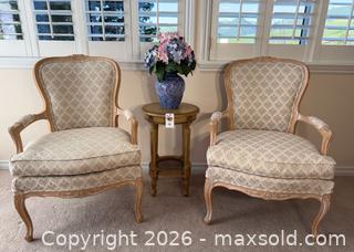 MaxSold Auction: Pair French Provincial Upholstered Armchairs with Painted Accent Table and Decorative Flowers - Pleasant Hill (California, USA) PARTNER MANAGED Blackhawk Estate Sale Online Auction - Contra Costa Boulevard