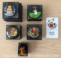 MaxSold Auction: Set of 5 Palekh Russian Lacquered Decorative Jewelry Boxes - Pleasant Hill (California, USA) PARTNER MANAGED Blackhawk Estate Sale Online Auction - Contra Costa Boulevard