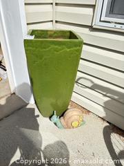 MaxSold Auction: Glazed Ceramic Tall Outdoor Planter with Snail Accent - Langford (British Columbia, Canada) PARTNER MANAGED Moving Online Auction - Hull Road