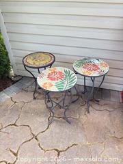 MaxSold Auction: Set of 3 Mosaic Tile Top Metal Side/Patio/Plant Stands - Langford (British Columbia, Canada) PARTNER MANAGED Moving Online Auction - Hull Road