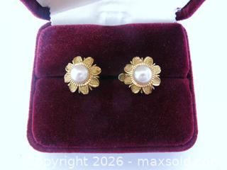 MaxSold Auction: 14K Gold Omega Back Earrings With Pearl Centres  - Aurora (Ontario, Canada) PARTNER MANAGED Downsizing Online Auction - Murray Drive