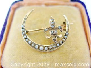 MaxSold Auction: Antique 10K Gold Seed Pearl Crescent Moon & Fleur de Lis Brooch  - Aurora (Ontario, Canada) PARTNER MANAGED Downsizing Online Auction - Murray Drive