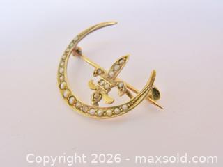 MaxSold Auction: Antique 10K Gold Seed Pearl Crescent Moon & Fleur de Lis Brooch  - Aurora (Ontario, Canada) PARTNER MANAGED Downsizing Online Auction - Murray Drive