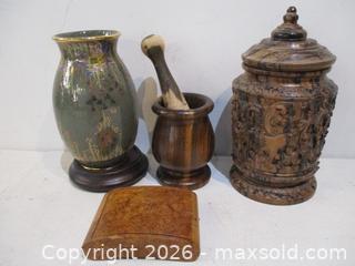 MaxSold Auction: Japanese Vintage Cloisonne Vase, Birds Eye Maple Trinket Box, Intricately Carved Wenge Elephant Motifs Lidded Jar. Mortar & Pestle. - Toronto (Ontario, Canada) SELLER MANAGED Estate Sale Online Auction - Annette Street