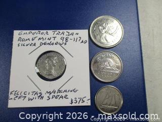 MaxSold Auction: Ancient Roman Silver Denarius Currency Coin. Emperor TRAJAN 98-117 AD. - Toronto (Ontario, Canada) SELLER MANAGED Estate Sale Online Auction - Annette Street