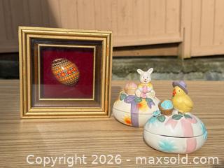 MaxSold Auction: Framed Ukrainian Pysanka Shadowbox & Ceramic Bunny/Chick Trinket Boxes - Saanich (British Columbia, Canada) SELLER MANAGED Downsizing Online Auction - Dunsterville Avenue