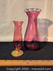 MaxSold Auction: Hand-Blown Cranberry & Pink Glass Bud Vases with Brass Painted Bases - Mill Bay (British Columbia, Canada) SELLER MANAGED Reseller Online Auction - Shawnigan-Mill Bay Road