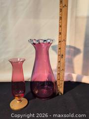 MaxSold Auction: Hand-Blown Cranberry & Pink Glass Bud Vases with Brass Painted Bases - Mill Bay (British Columbia, Canada) SELLER MANAGED Reseller Online Auction - Shawnigan-Mill Bay Road
