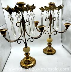 MaxSold Auction: Set of Vintage Brass Girandole Candelabra Crystal Prisms Alabaster Victorian Style 3 Arm  - Hamilton (Ontario, Canada) SELLER MANAGED Reseller Online Auction - Concession 5 Road. East.