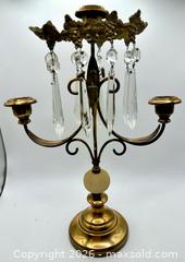 MaxSold Auction: Set of Vintage Brass Girandole Candelabra Crystal Prisms Alabaster Victorian Style 3 Arm  - Hamilton (Ontario, Canada) SELLER MANAGED Reseller Online Auction - Concession 5 Road. East.