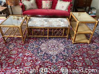 MaxSold Auction: Set of Vintage MCM Franco Albini Style Rattan Bamboo Bench and Two Side Tables with Glass Tops. - Mississauga (Ontario, Canada) SELLER MANAGED Estate Sale Online Auction - Greenbower Court