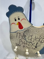 MaxSold Auction: This Chicks Busx ! She has 3 eggs -  Wooden Chicken  surface paint  Wall Decor  - New Westminster (British Columbia, Canada) SELLER MANAGED Reseller Online Auction - Columbia Street