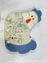MaxSold Auction: This Chicks Busx ! She has 3 eggs -  Wooden Chicken  surface paint  Wall Decor  - New Westminster (British Columbia, Canada) SELLER MANAGED Reseller Online Auction - Columbia Street