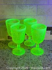 MaxSold Auction: Set of 4 Rare One of a Kind Collectable Uranium/Vaseline Depression Glass Goblets, Glow under UV light, 5 in - Toronto (Ontario, Canada) SELLER MANAGED Downsizing Online Auction - O'connor Drive (CONDO)