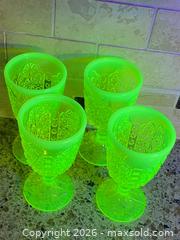 MaxSold Auction: Set of 4 Rare One of a Kind Collectable Uranium/Vaseline Depression Glass Goblets, Glow under UV light, 5 in - Toronto (Ontario, Canada) SELLER MANAGED Downsizing Online Auction - O'connor Drive (CONDO)