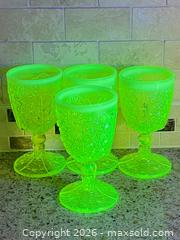 MaxSold Auction: Set of 4 Rare One of a Kind Collectable Uranium/Vaseline Depression Glass Goblets, Glow under UV light, 6 in - Toronto (Ontario, Canada) SELLER MANAGED Downsizing Online Auction - O'connor Drive (CONDO)