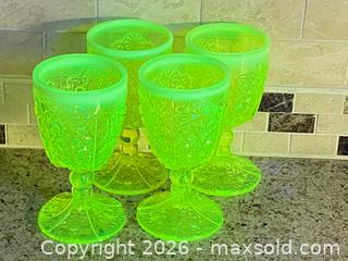 MaxSold Auction: Set of 4 Rare One of a Kind Collectable Uranium/Vaseline Depression Glass Goblets, Glow under UV light, 6 in - Toronto (Ontario, Canada) SELLER MANAGED Downsizing Online Auction - O'connor Drive (CONDO)