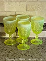 MaxSold Auction: Set of 4 Rare One of a Kind Collectable Uranium/Vaseline Depression Glass Goblets, Glow under UV light, 6 in - Toronto (Ontario, Canada) SELLER MANAGED Downsizing Online Auction - O'connor Drive (CONDO)