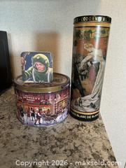 MaxSold Auction: Vintage Decorative Tin Trio with Illustrated Scenes - Canton (Texas, USA) SELLER MANAGED Reseller Online Auction - VZ County Road 1311