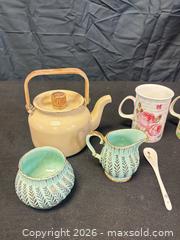 MaxSold Auction: 9-Piece Ceramic & Metal Multi-Color Tea Set - Floral & Striped - Cobourg (Ontario, Canada) SELLER MANAGED Estate Sale Online Auction -  King Street East