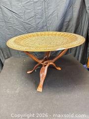 MaxSold Auction: Vintage Moroccan Embossed Brass Tray Side Table on Wooden Tripod - Cobourg (Ontario, Canada) SELLER MANAGED Estate Sale Online Auction -  King Street East