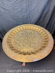 MaxSold Auction: Vintage Moroccan Embossed Brass Tray Side Table on Wooden Tripod - Cobourg (Ontario, Canada) SELLER MANAGED Estate Sale Online Auction -  King Street East