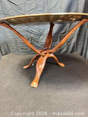 MaxSold Auction: Vintage Moroccan Embossed Brass Tray Side Table on Wooden Tripod - Cobourg (Ontario, Canada) SELLER MANAGED Estate Sale Online Auction -  King Street East