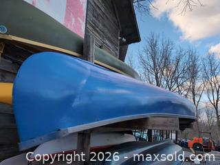 MaxSold Auction: Blue Fiberglass 3-Person Canoe - Newboro (Ontario, Canada) SELLER MANAGED Downsizing Online Auction - New Street
