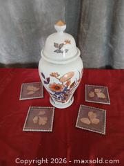 MaxSold Auction: Imari-Style White & Blue Porcelain Ginger Jar with Lid & 4 Framed Coasters - Las Vegas (Nevada, USA) PARTNER MANAGED Estate Sale Online Auction - Masked Duck Avenue